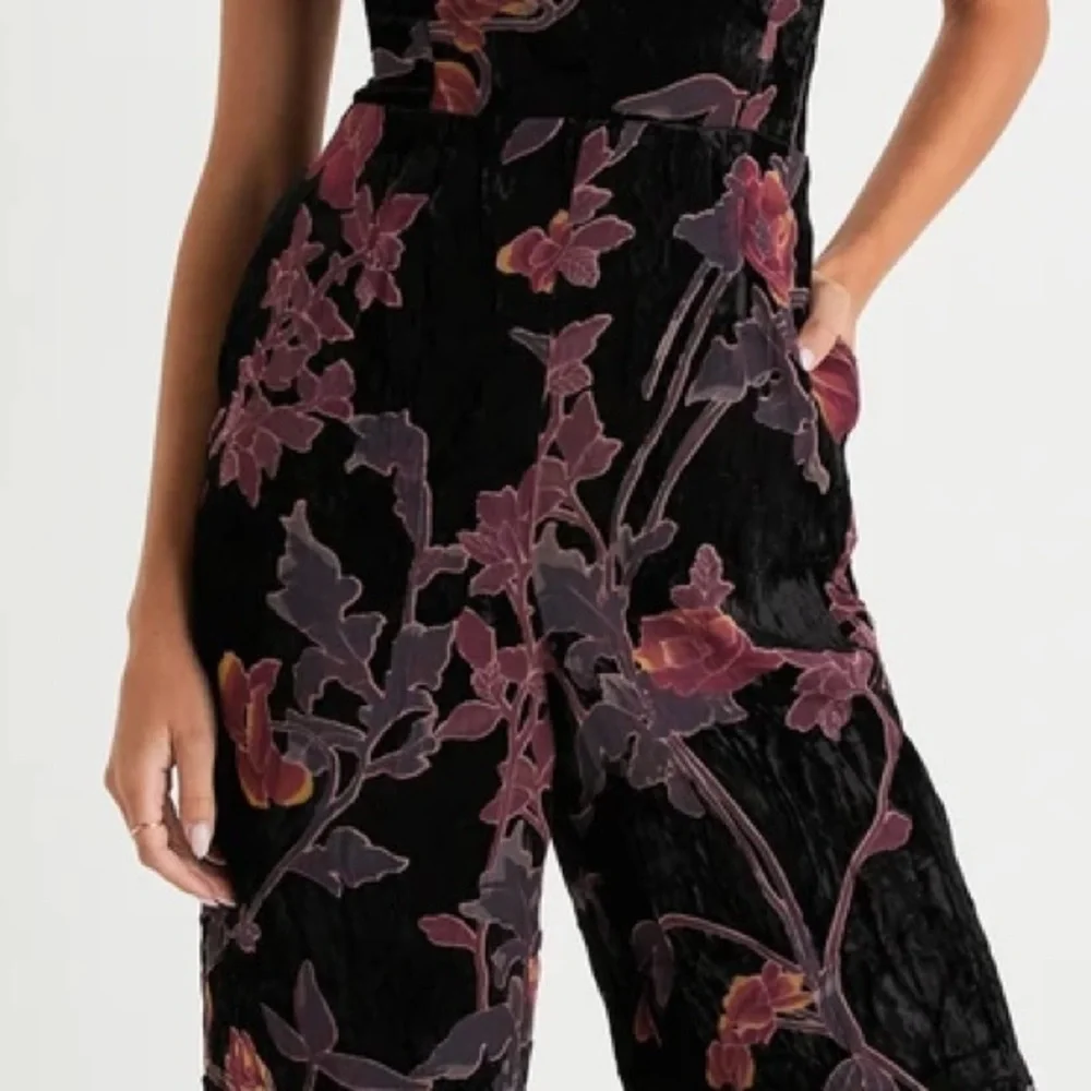 Lulus Exquisite Vibe Black Floral Burnout Velvet Purple Pink Lace-Up Jumpsuit M - Picture 7 of 11